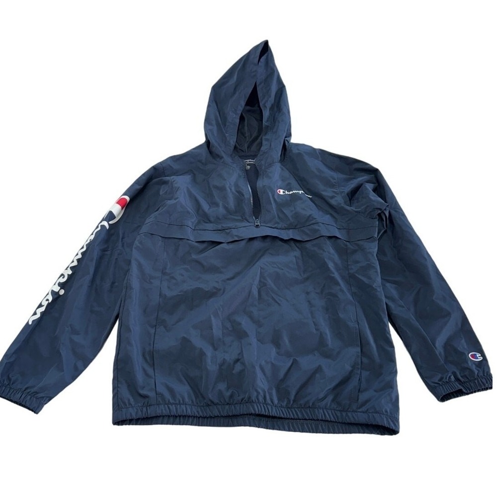 Champion Windbreaker Womens XL Blue Anorak Quarter Zip Hooded Jacket‎